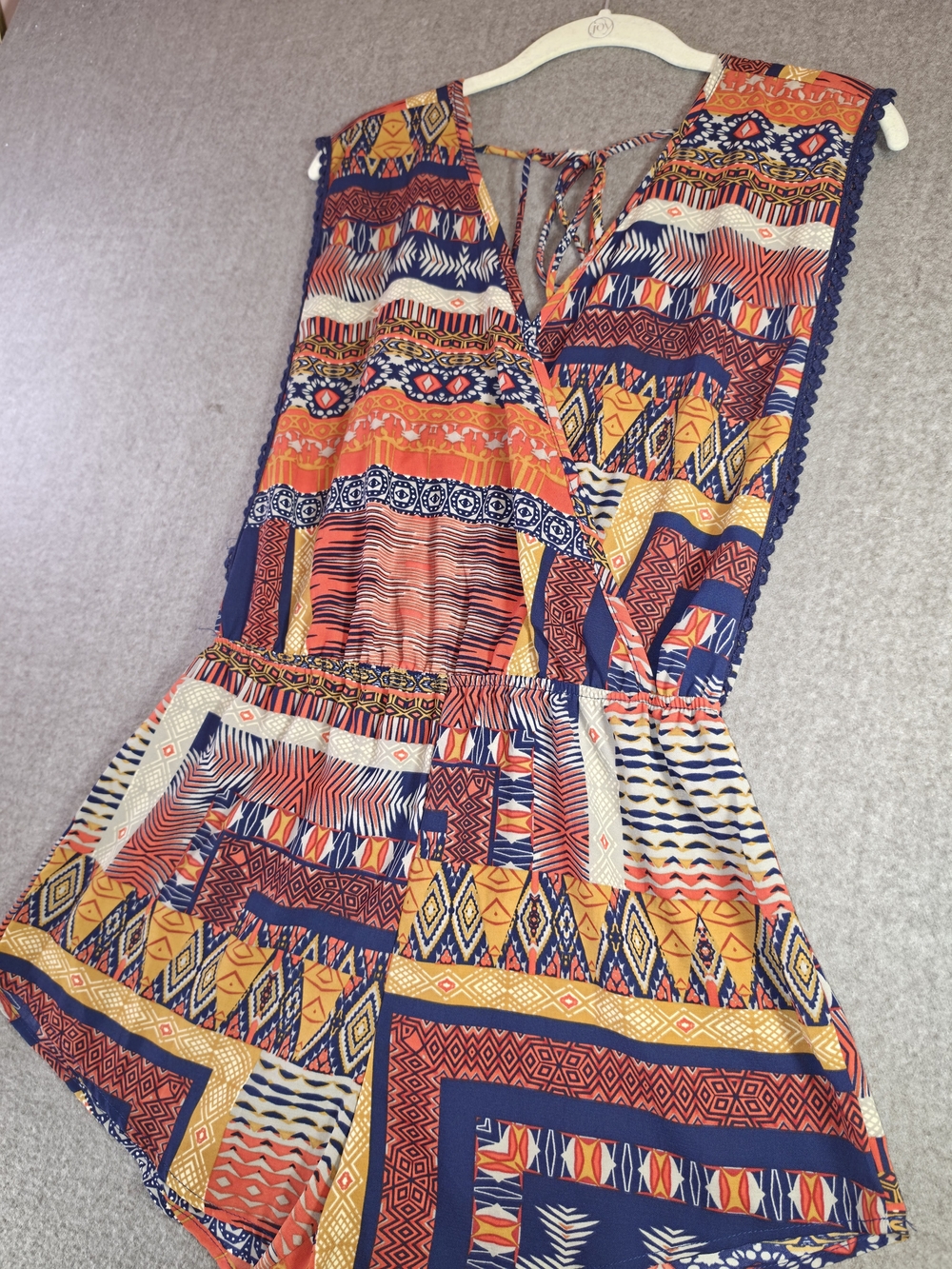 On Twelfth Printed Boho Romper in Navy, Orange & Cream Open Back Sleeveless Med